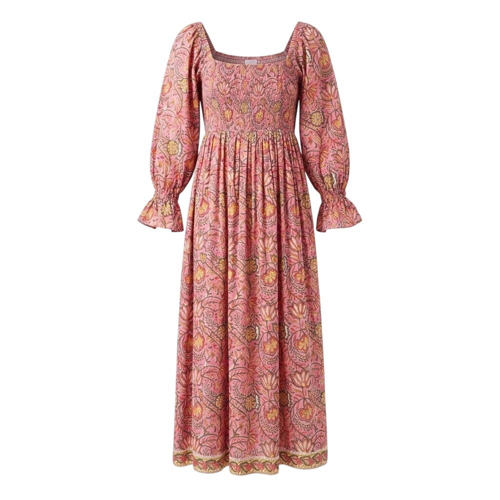 Karni Pink Floral Smocked Maxi Dress Long Puff Sleeve Cotton Block Print XXL